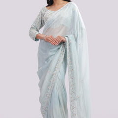 Hand Embroidered Organza Silk Saree With All Over Hand Embroidered Blouse