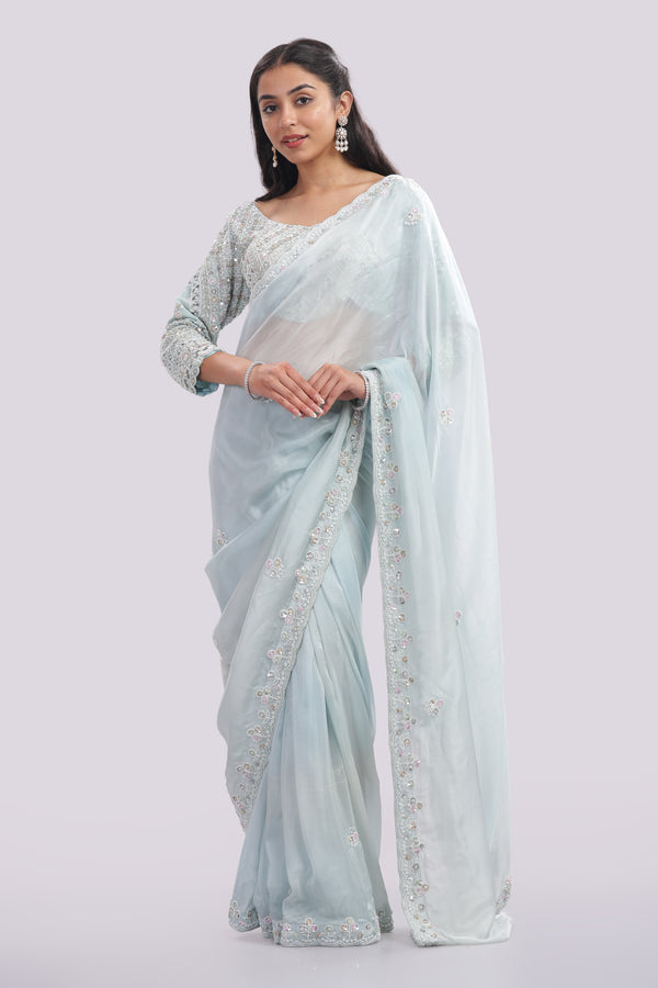 Hand Embroidered Organza Silk Saree With All Over Hand Embroidered Blouse