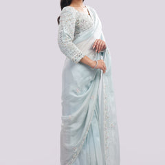 Hand Embroidered Organza Silk Saree With All Over Hand Embroidered Blouse