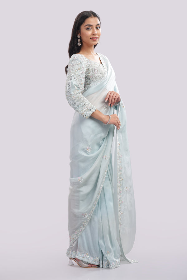 Hand Embroidered Organza Silk Saree With All Over Hand Embroidered Blouse