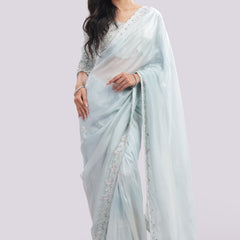 Hand Embroidered Organza Silk Saree With All Over Hand Embroidered Blouse
