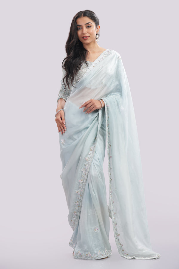 Hand Embroidered Organza Silk Saree With All Over Hand Embroidered Blouse
