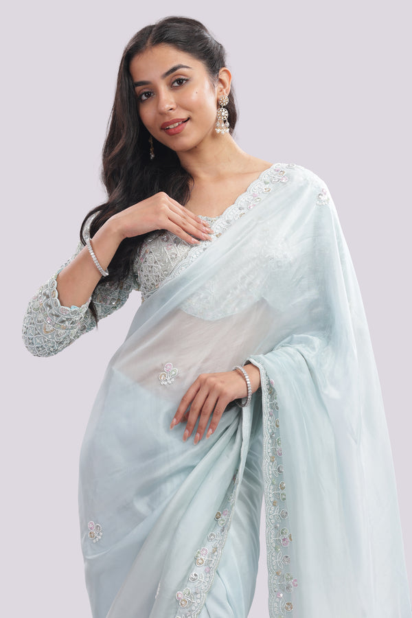 Hand Embroidered Organza Silk Saree With All Over Hand Embroidered Blouse