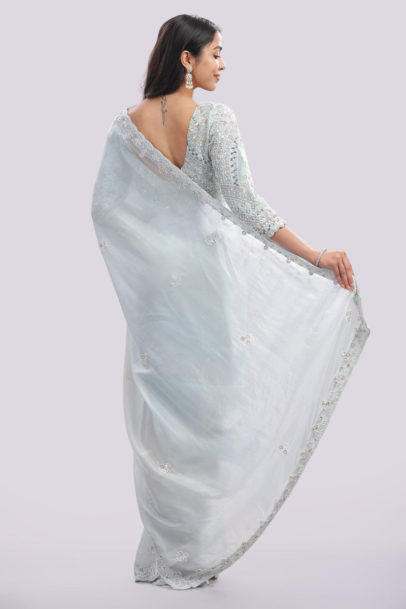 Hand Embroidered Organza Silk Saree With All Over Hand Embroidered Blouse