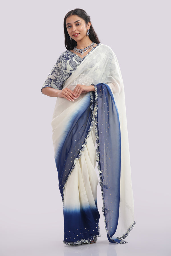Designer Blouse Paired With Organza Frilled & Embroidered Saree