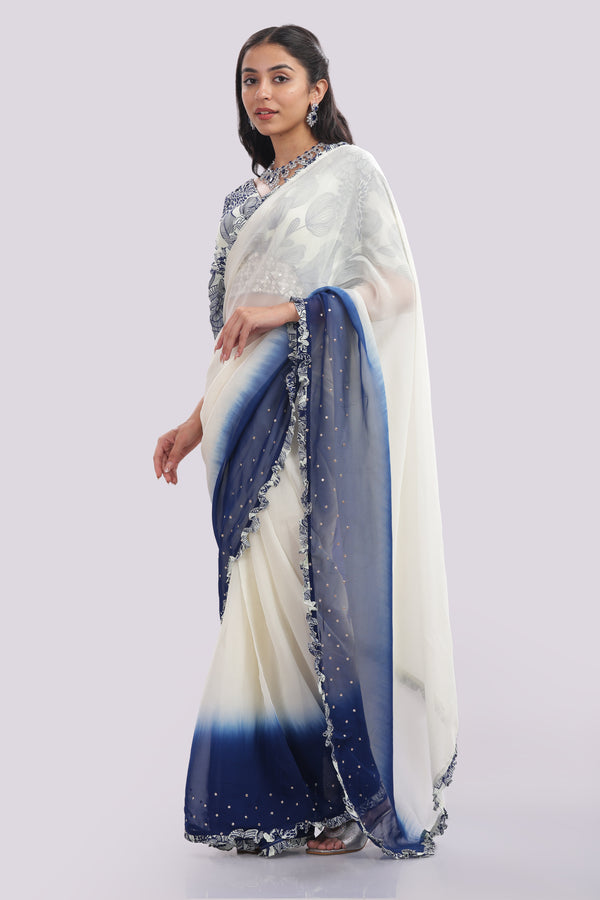 Designer Blouse Paired With Organza Frilled & Embroidered Saree