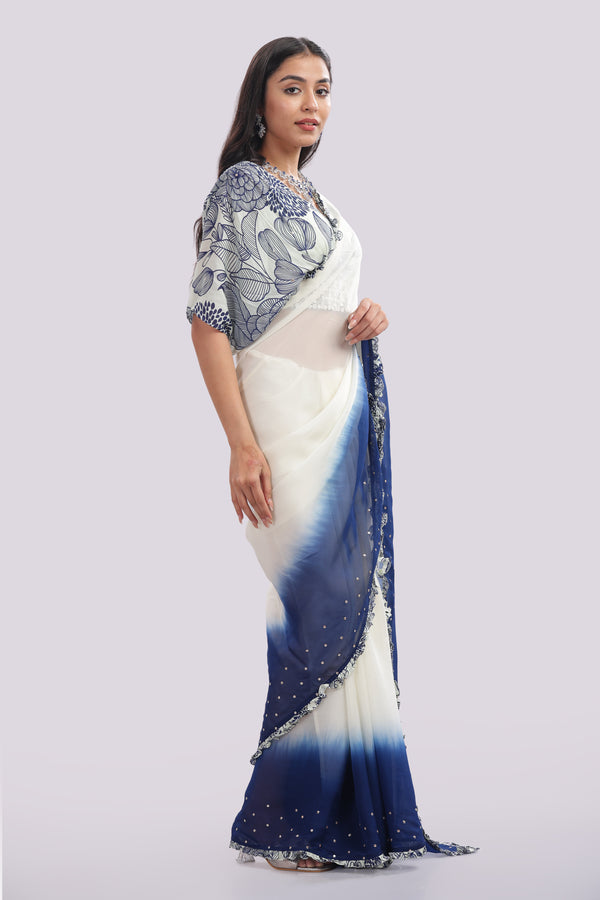 Designer Blouse Paired With Organza Frilled & Embroidered Saree
