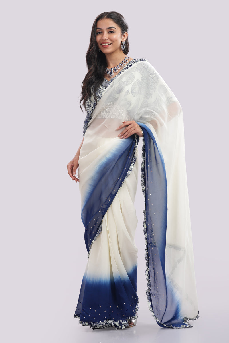 Designer Blouse Paired With Organza Frilled & Embroidered Saree