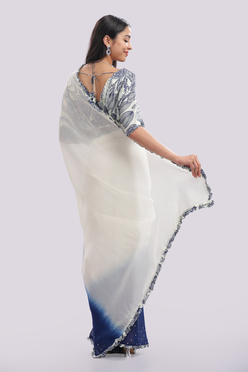 Designer Blouse Paired With Organza Frilled & Embroidered Saree