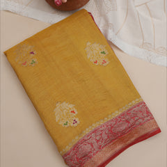 Tussar Georgette half and half Kadhua Butta - Color Yellow, Green with Brick red border