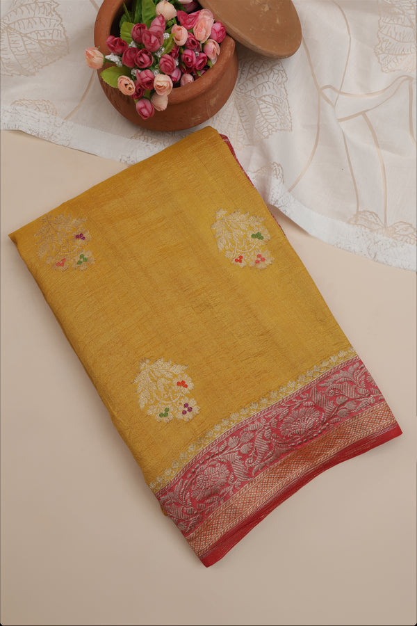 Tussar Georgette half and half Kadhua Butta - Color Yellow, Green with Brick red border