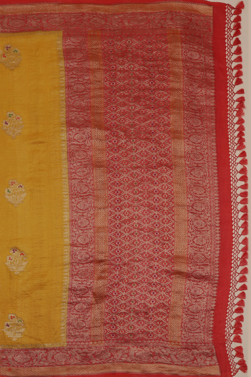 Tussar Georgette half and half Kadhua Butta - Color Yellow, Green with Brick red border