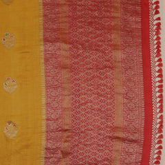 Tussar Georgette half and half Kadhua Butta - Color Yellow, Green with Brick red border
