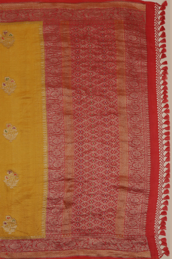 Tussar Georgette half and half Kadhua Butta - Color Yellow, Green with Brick red border