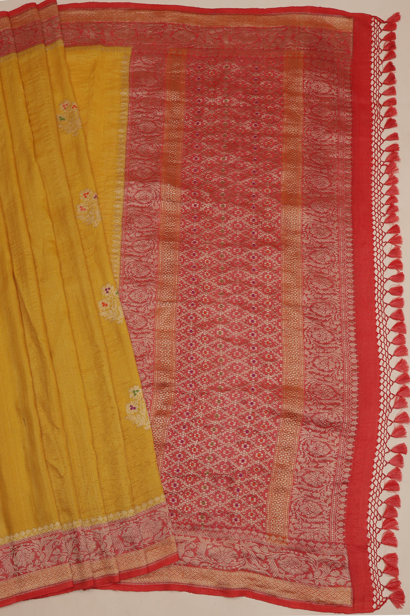 Tussar Georgette half and half Kadhua Butta - Color Yellow, Green with Brick red border