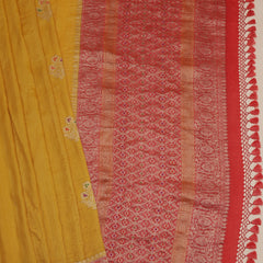 Tussar Georgette half and half Kadhua Butta - Color Yellow, Green with Brick red border