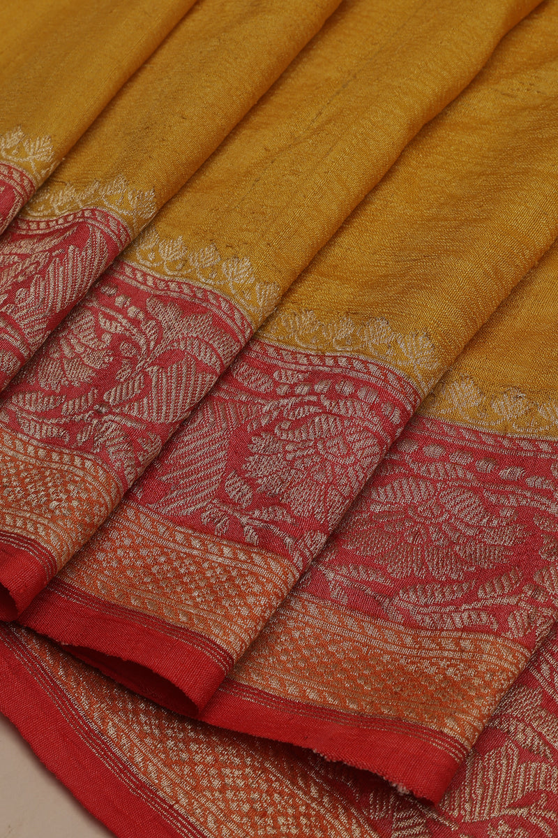Tussar Georgette half and half Kadhua Butta - Color Yellow, Green with Brick red border