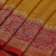 Tussar Georgette half and half Kadhua Butta - Color Yellow, Green with Brick red border