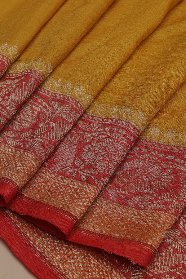 Tussar Georgette half and half Kadhua Butta - Color Yellow, Green with Brick red border