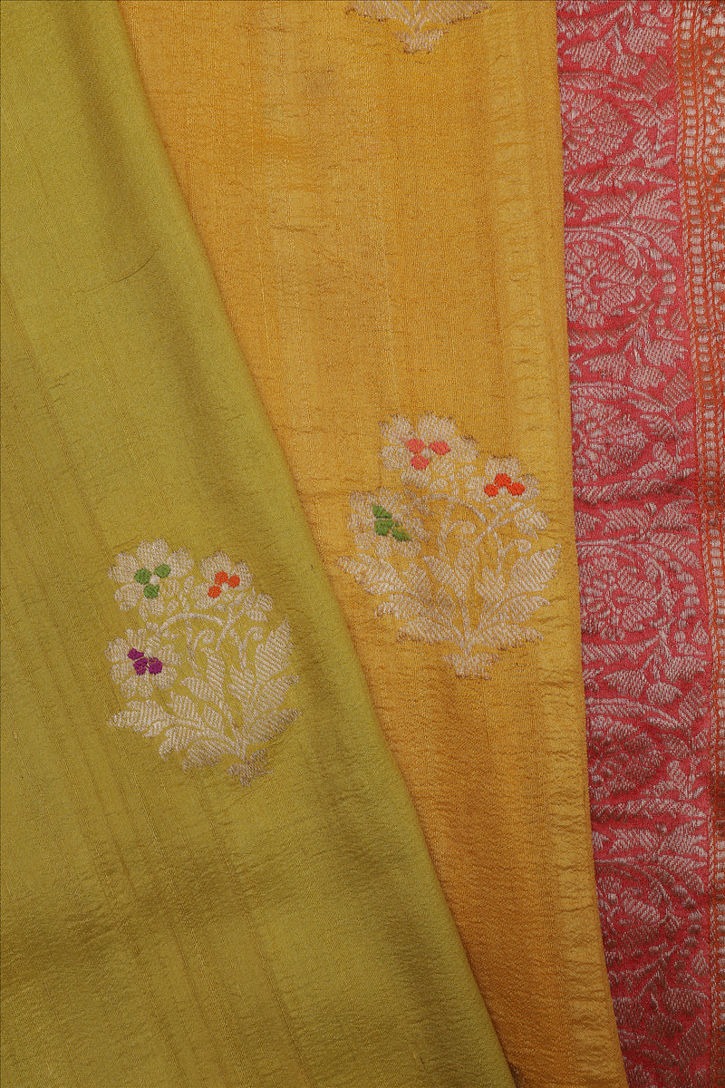 Tussar Georgette half and half Kadhua Butta - Color Yellow, Green with Brick red border