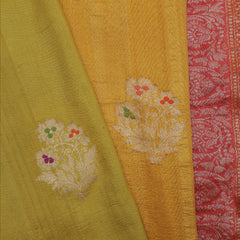 Tussar Georgette half and half Kadhua Butta - Color Yellow, Green with Brick red border