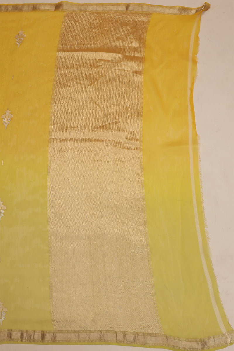 Pure Organze Silk saree with Kadhua Butta - Yellow and Green with Silver and Golden Butta