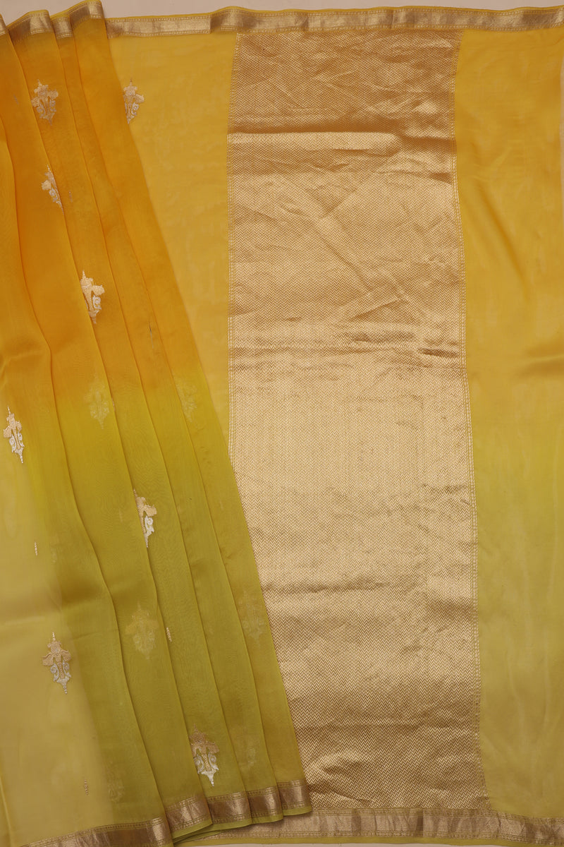 Pure Organze Silk saree with Kadhua Butta - Yellow and Green with Silver and Golden Butta