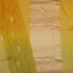 Pure Organze Silk saree with Kadhua Butta - Yellow and Green with Silver and Golden Butta