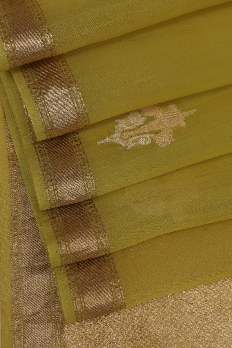 Pure Organze Silk saree with Kadhua Butta - Yellow and Green with Silver and Golden Butta