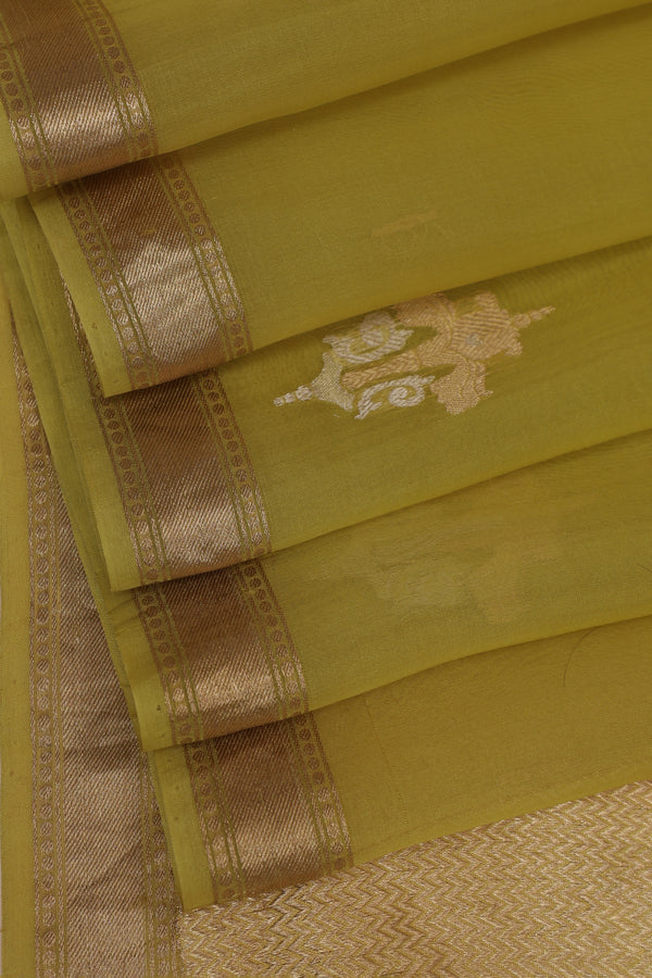 Pure Organze Silk saree with Kadhua Butta - Yellow and Green with Silver and Golden Butta