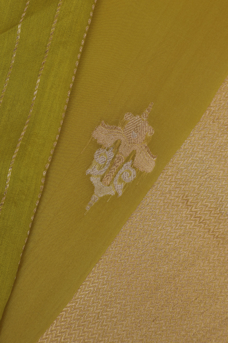 Pure Organze Silk saree with Kadhua Butta - Yellow and Green with Silver and Golden Butta