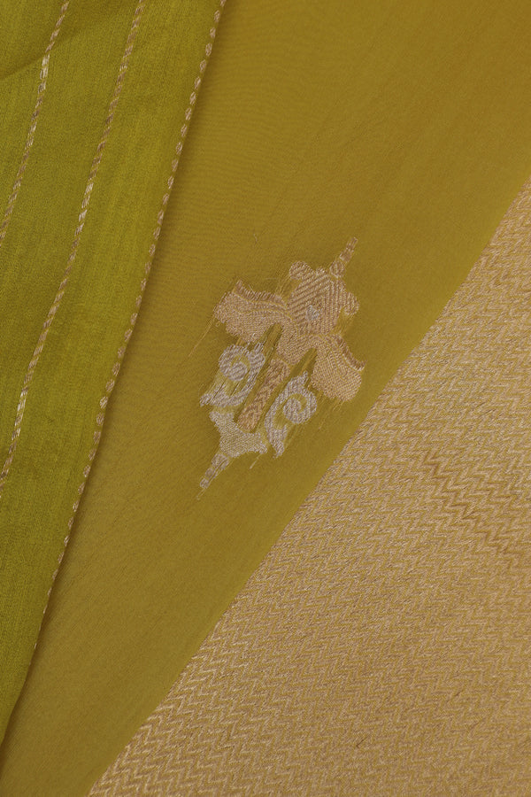 Pure Organze Silk saree with Kadhua Butta - Yellow and Green with Silver and Golden Butta
