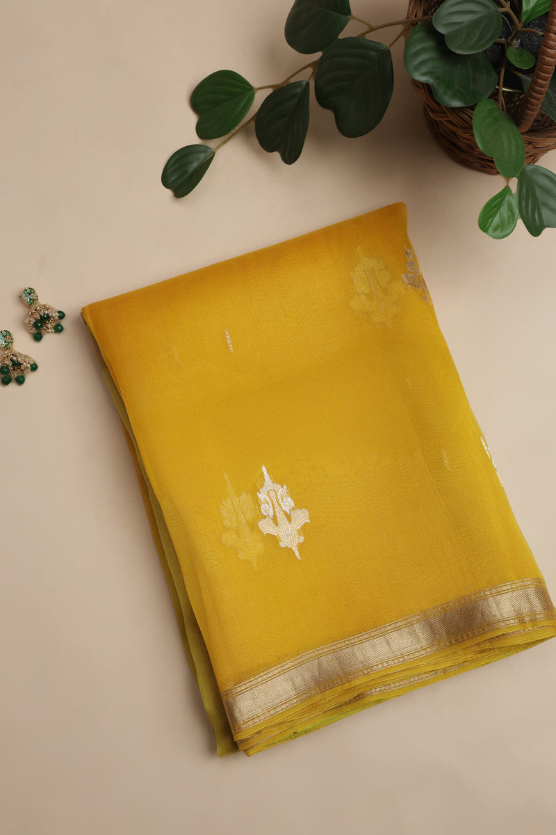 Pure Organze Silk saree with Kadhua Butta - Yellow and Green with Silver and Golden Butta