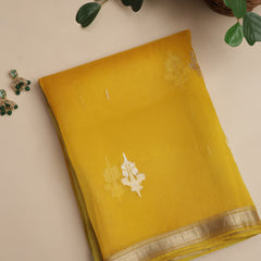 Pure Organze Silk saree with Kadhua Butta - Yellow and Green with Silver and Golden Butta