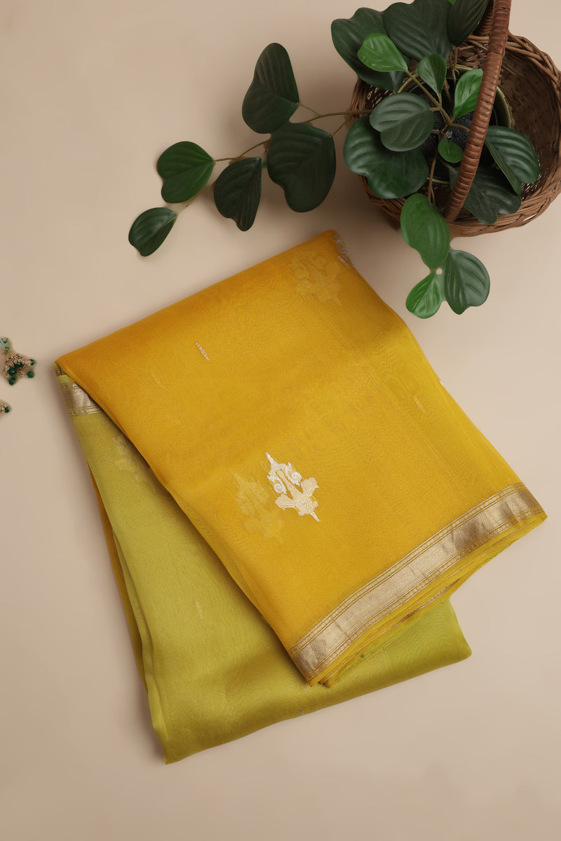 Pure Organze Silk saree with Kadhua Butta - Yellow and Green with Silver and Golden Butta