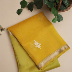 Pure Organze Silk saree with Kadhua Butta - Yellow and Green with Silver and Golden Butta