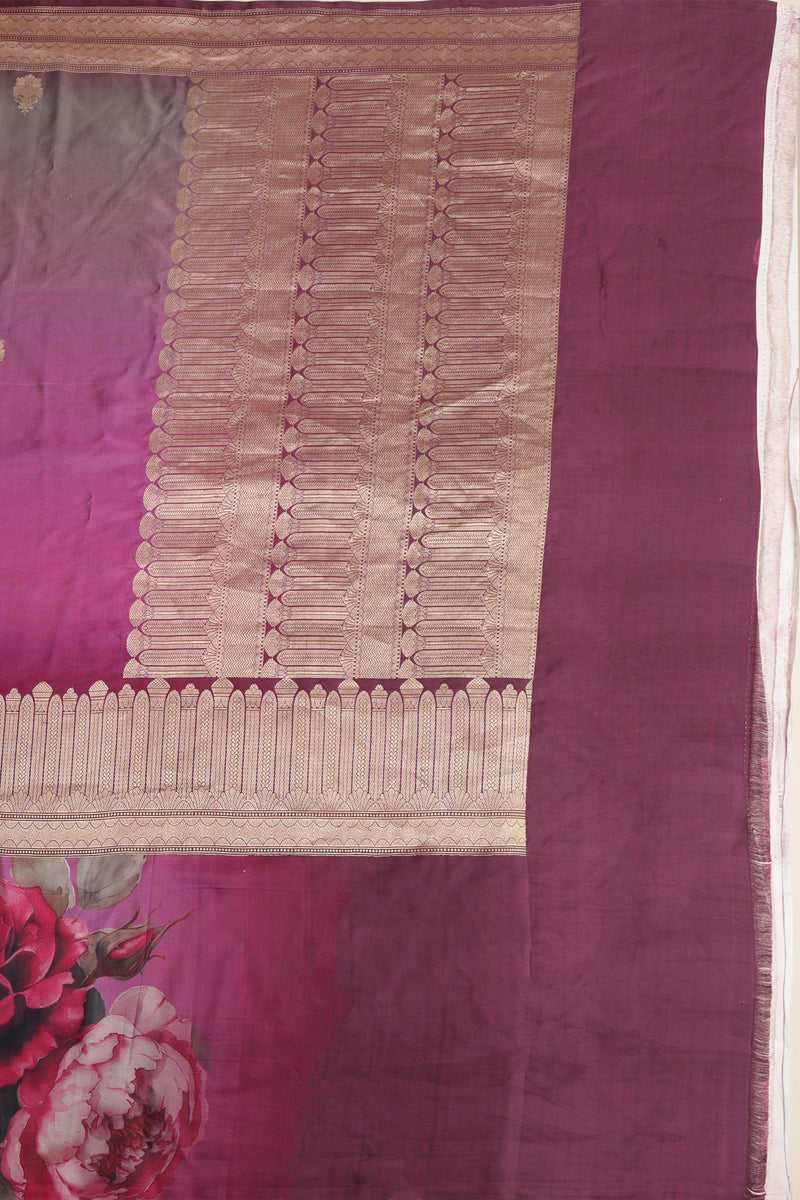 Pure Mashroo Satin Silk with Kadhua Butta - Grey, Wine with floral border, Kadhua butta