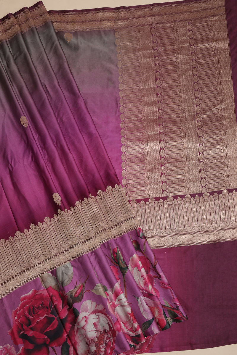 Pure Mashroo Satin Silk with Kadhua Butta - Grey, Wine with floral border, Kadhua butta