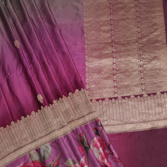 Pure Mashroo Satin Silk with Kadhua Butta - Grey, Wine with floral border, Kadhua butta