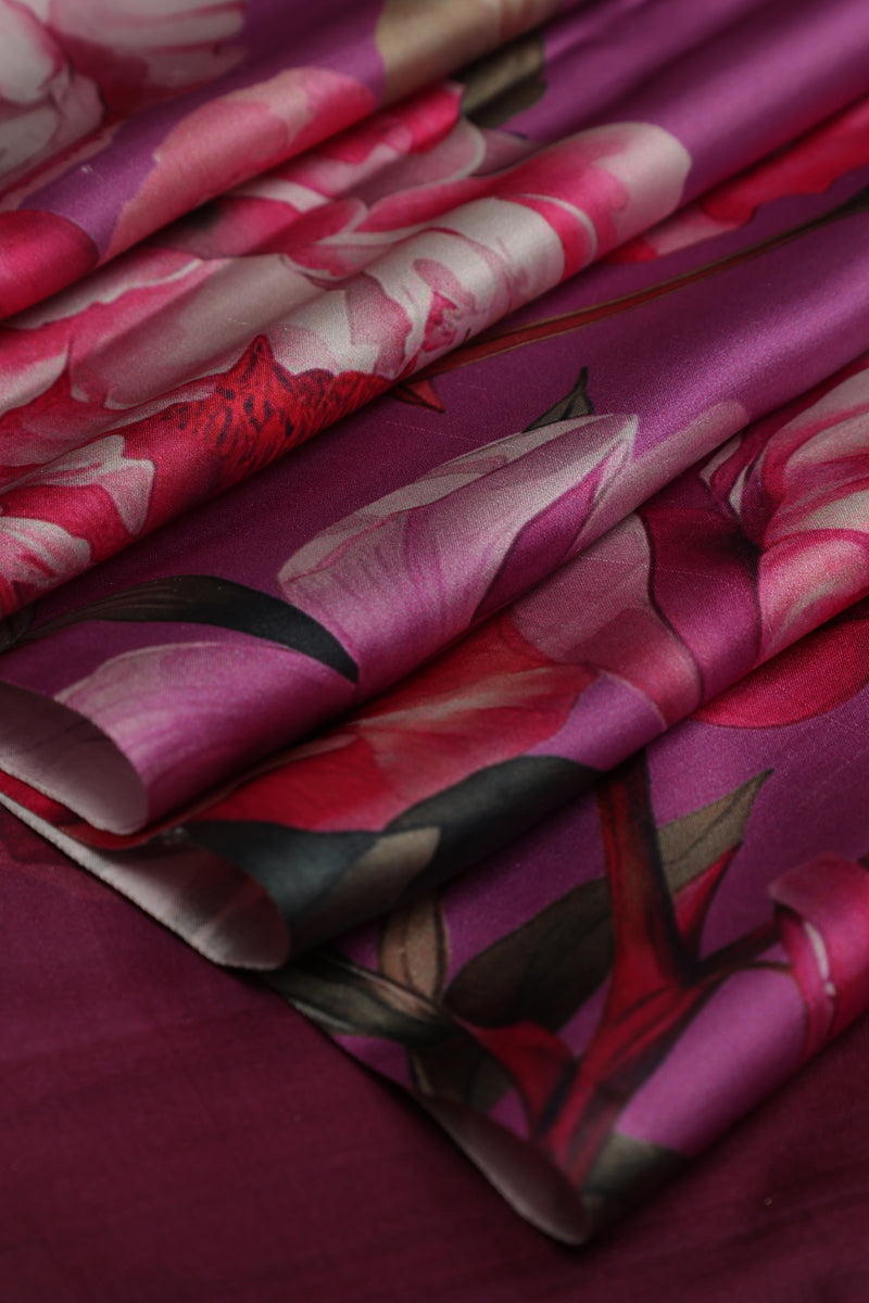 Pure Mashroo Satin Silk with Kadhua Butta - Grey, Wine with floral border, Kadhua butta