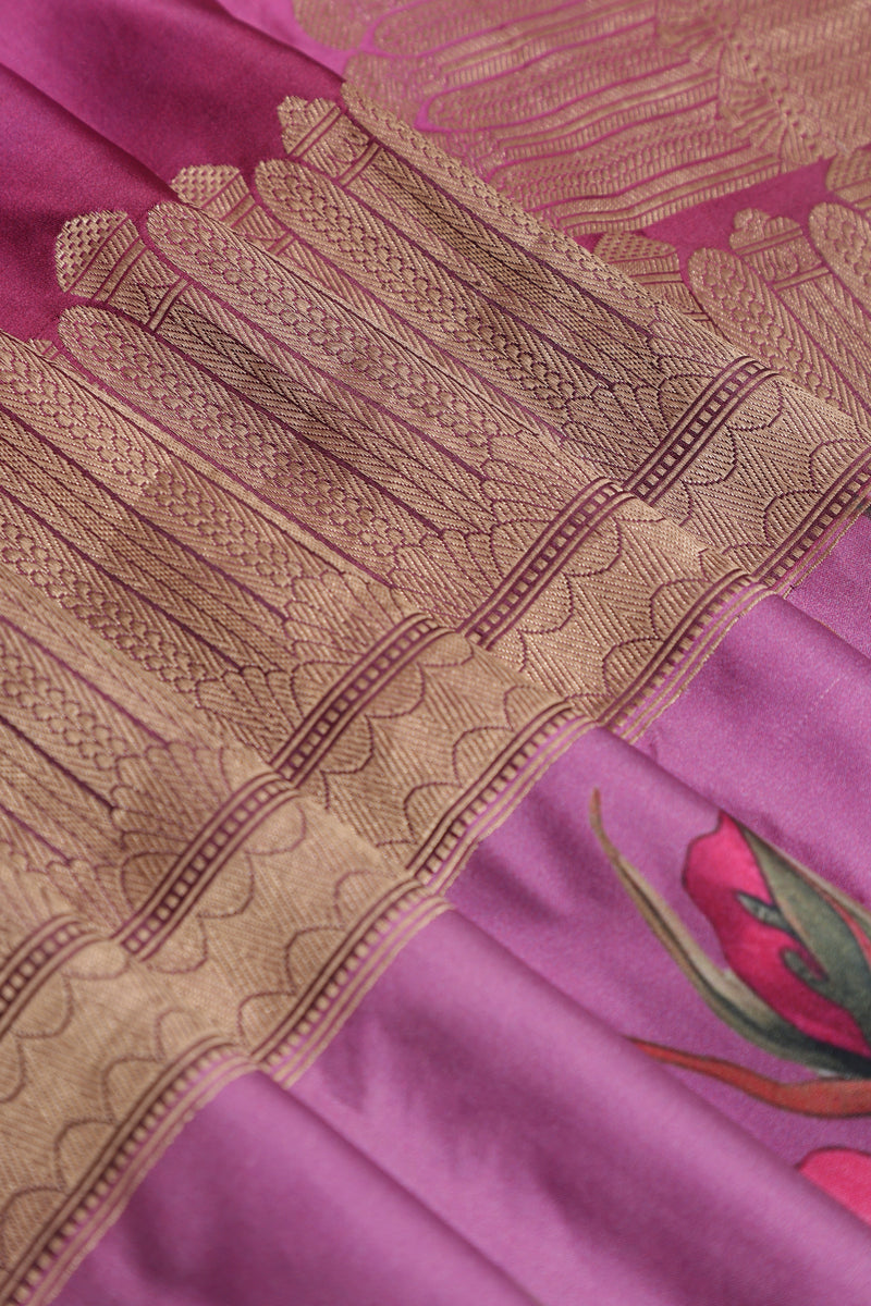 Pure Mashroo Satin Silk with Kadhua Butta - Grey, Wine with floral border, Kadhua butta