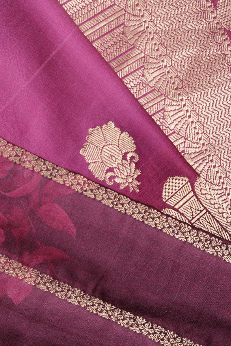 Pure Mashroo Satin Silk with Kadhua Butta - Grey, Wine with floral border, Kadhua butta