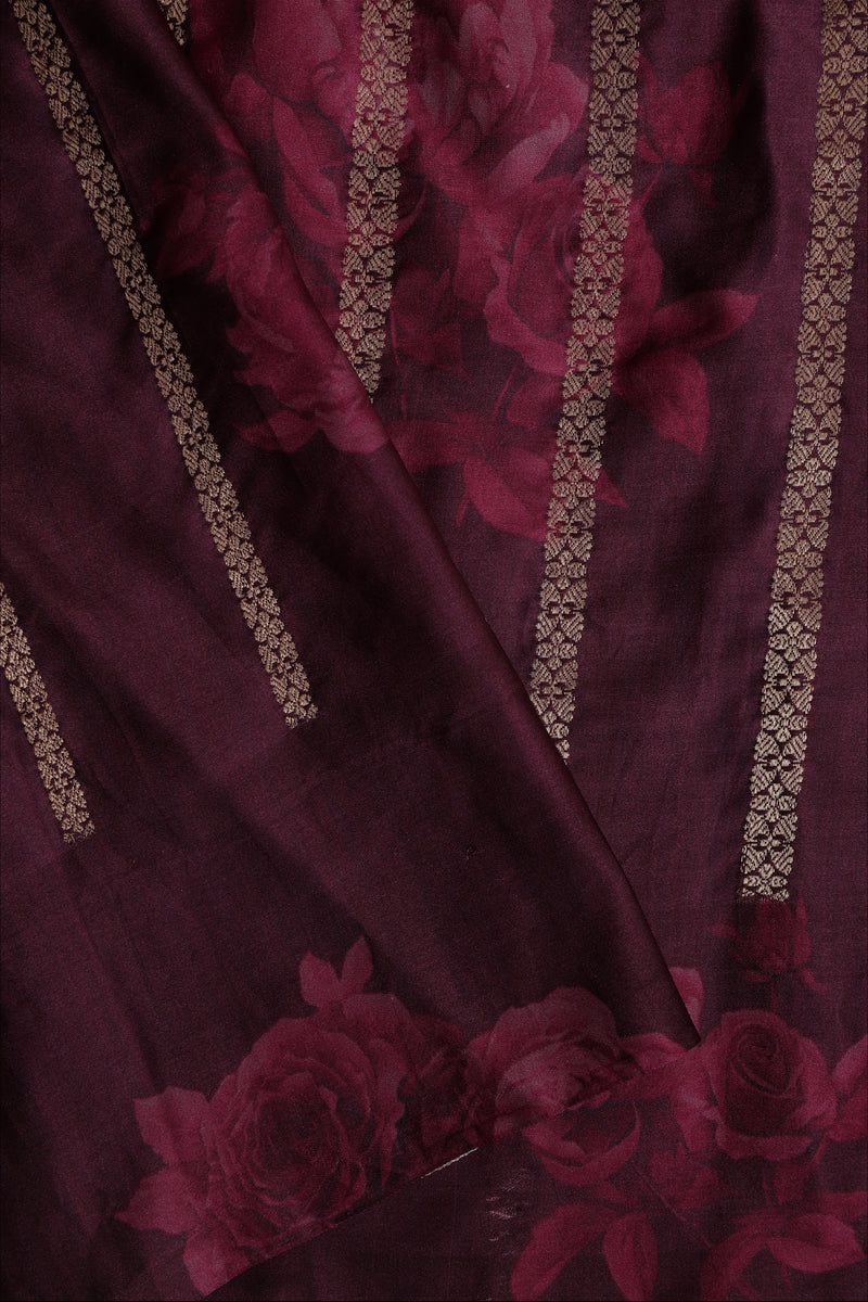 Pure Mashroo Satin Silk with Kadhua Butta - Grey, Wine with floral border, Kadhua butta