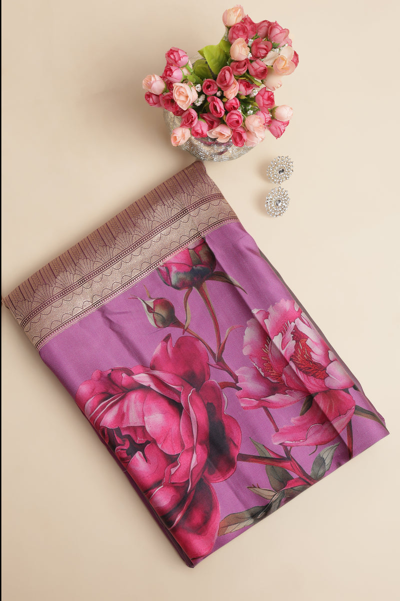 Pure Mashroo Satin Silk with Kadhua Butta - Grey, Wine with floral border, Kadhua butta