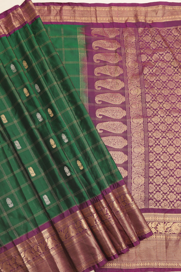 Pure Gadwal Silk Saree - Bottle green, Maroon Border with Gold Zari