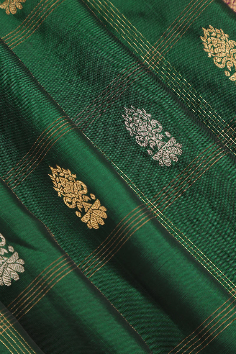 Pure Gadwal Silk Saree - Bottle green, Maroon Border with Gold Zari