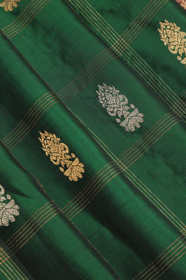 Pure Gadwal Silk Saree - Bottle green, Maroon Border with Gold Zari