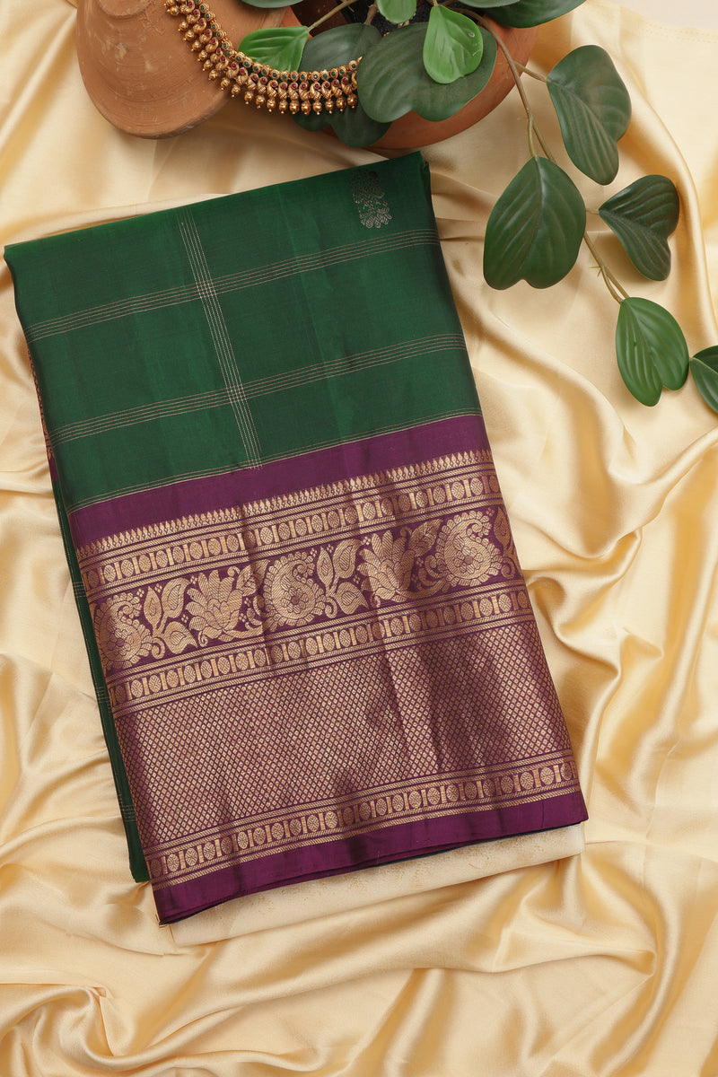 Pure Gadwal Silk Saree - Bottle green, Maroon Border with Gold Zari