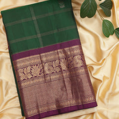 Pure Gadwal Silk Saree - Bottle green, Maroon Border with Gold Zari