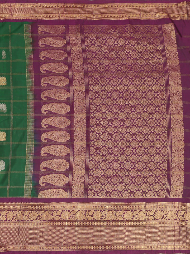 Pure Gadwal Silk Saree - Bottle green, Maroon Border with Gold Zari